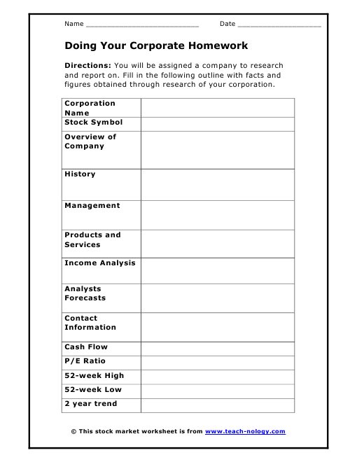 worksheets stock market