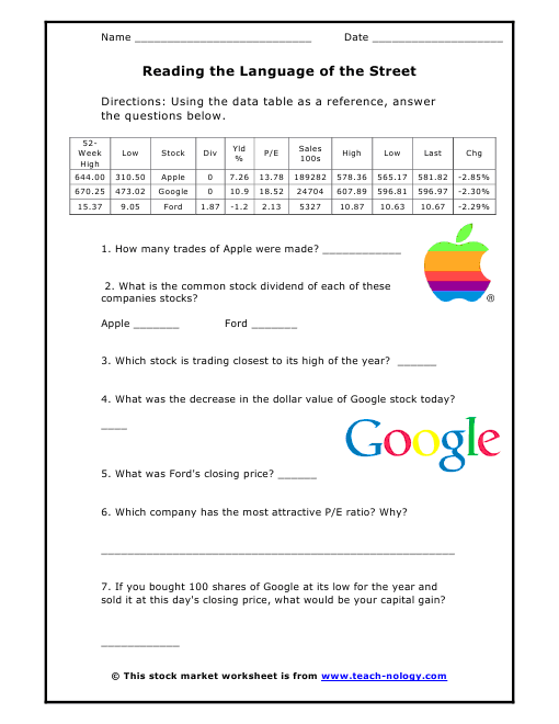 worksheets about stock market