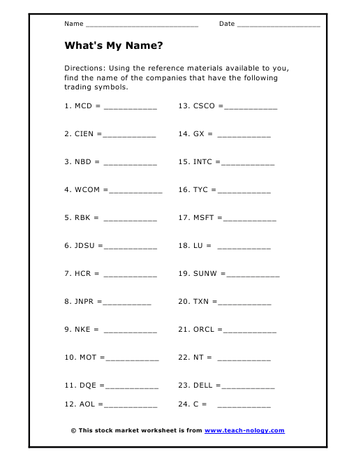 worksheets stock market