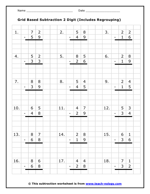 Grid Based Subtraction 2 Digit (Includes Regrouping)