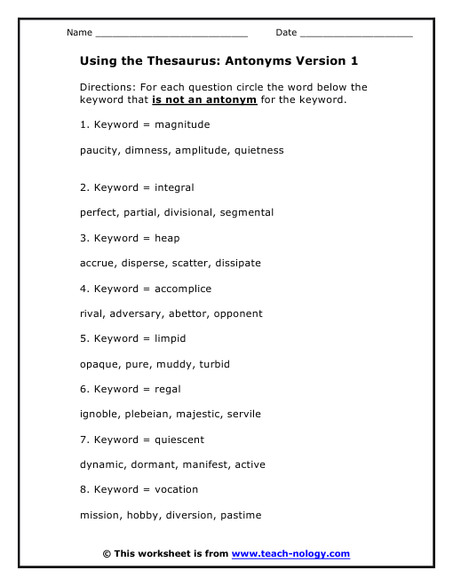 Using the Thesaurus Antonyms Version 1