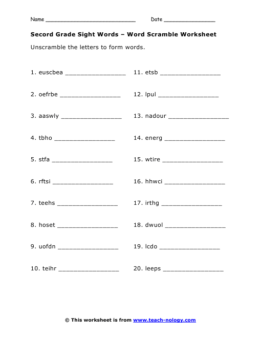 Second Grade Sight Words Word Scramble Worksheet