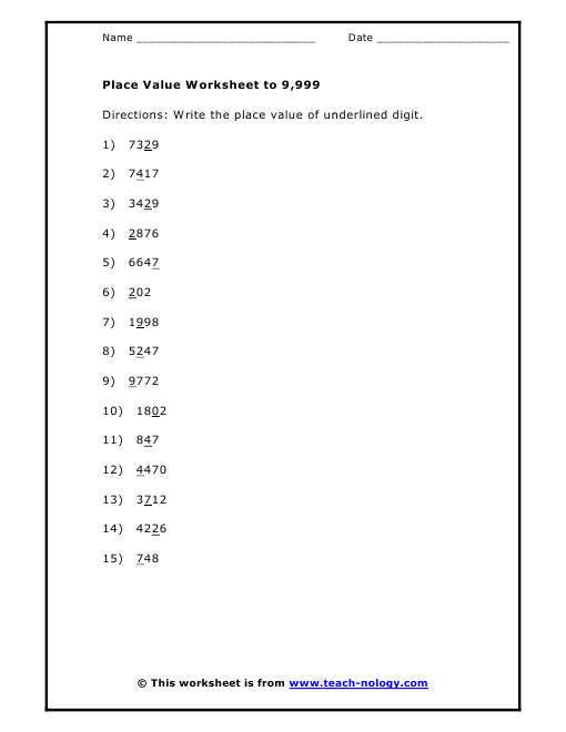 Place value worksheet to 9 999