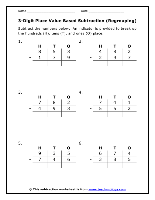 Place Value Worksheets place value worksheets year 3 : 3-Digit Place Value Based Subtraction (Regrouping)